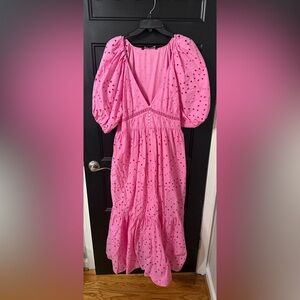 Zara Hot Pink Eyelet Maxi Dress with Puff Sleeves